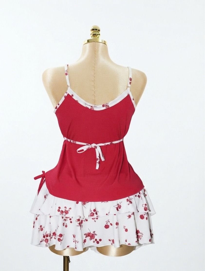Red Cotton Skirt Pajama Set