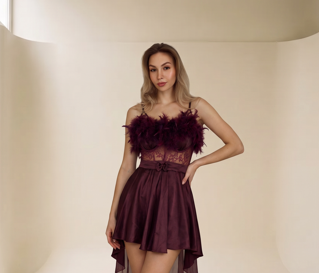 Feather Trim Baby Doll Burgundy