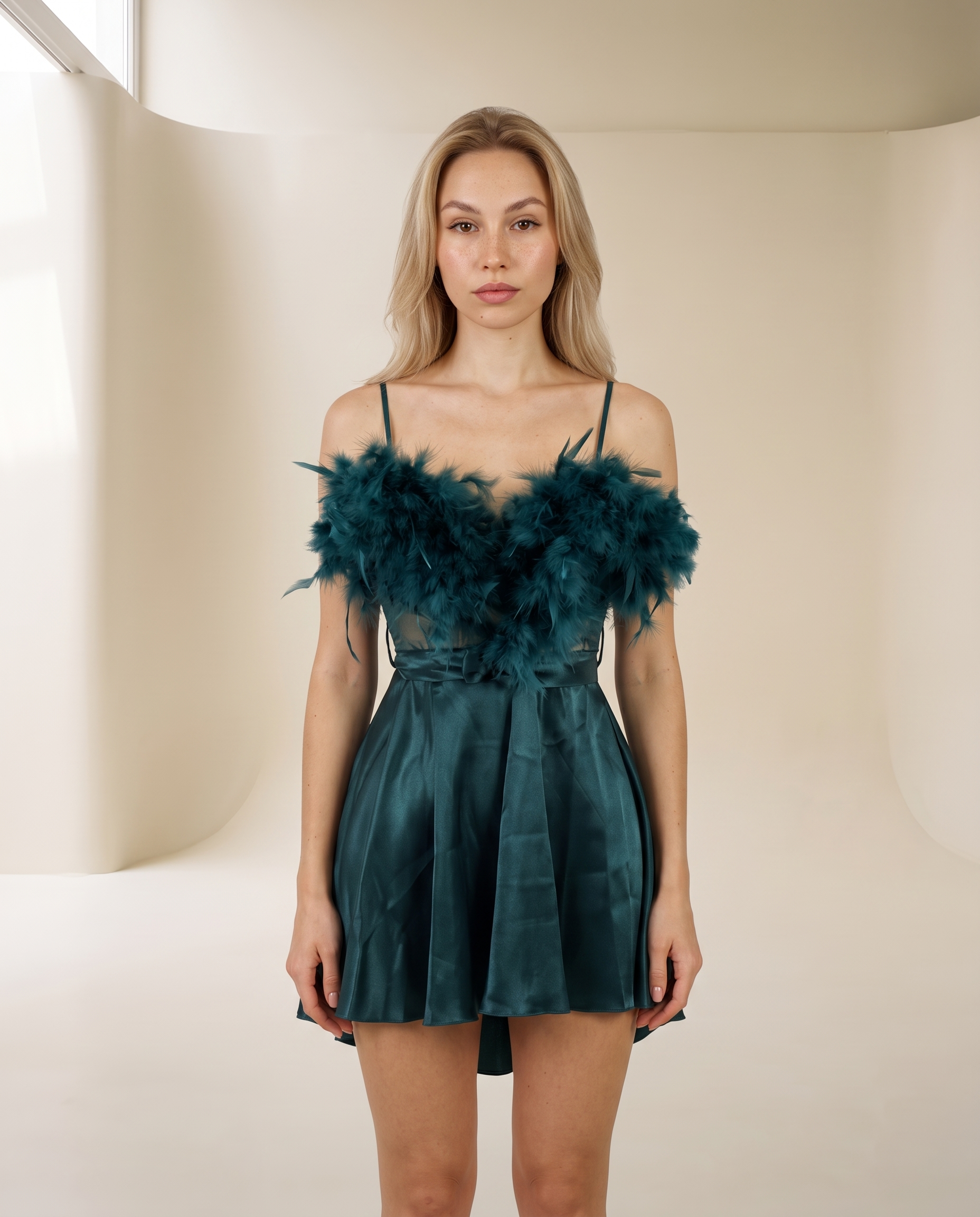 Feather Trim Baby Doll Forest Green
