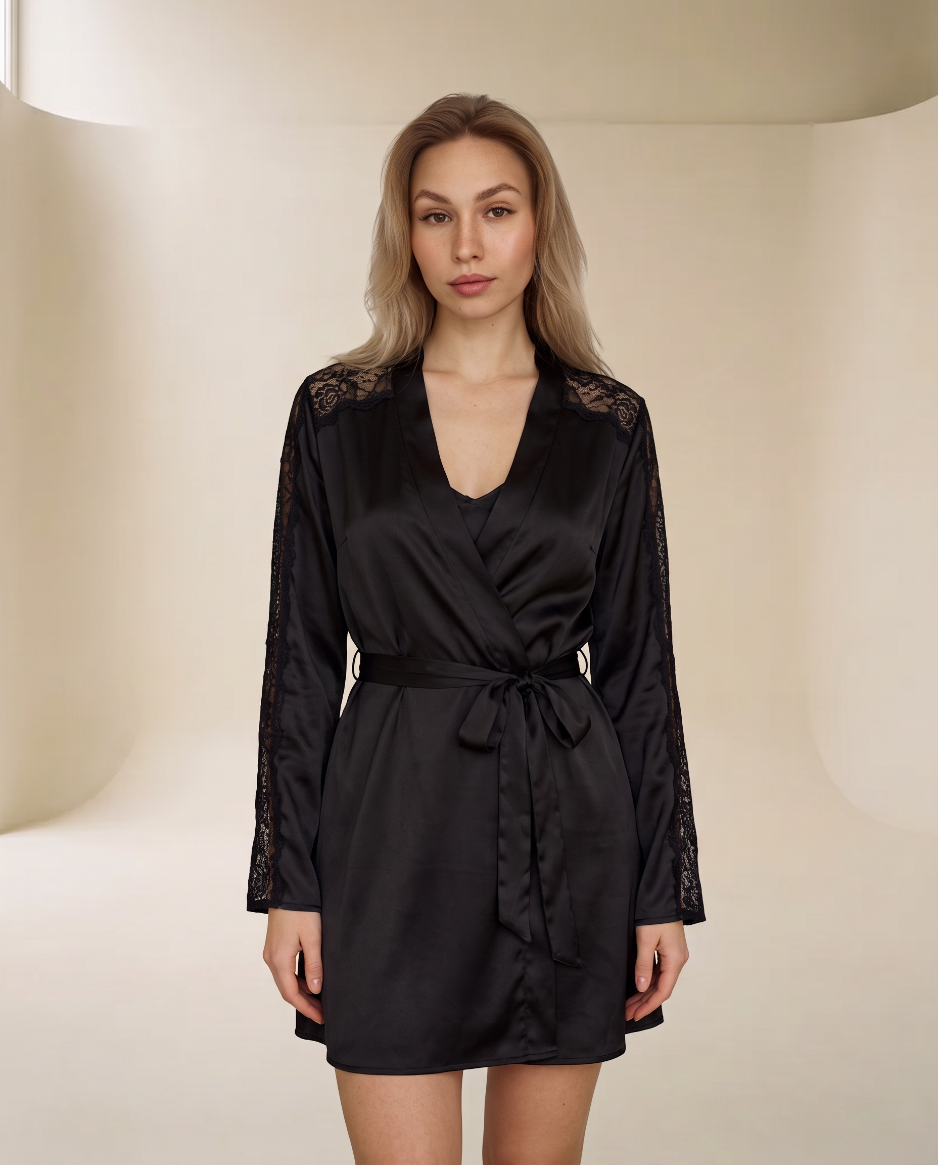 Nightgown with Short Robe Black