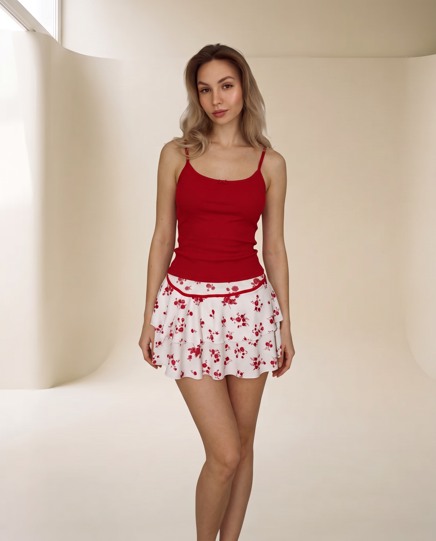 Red Cotton Skirt Pajama Set